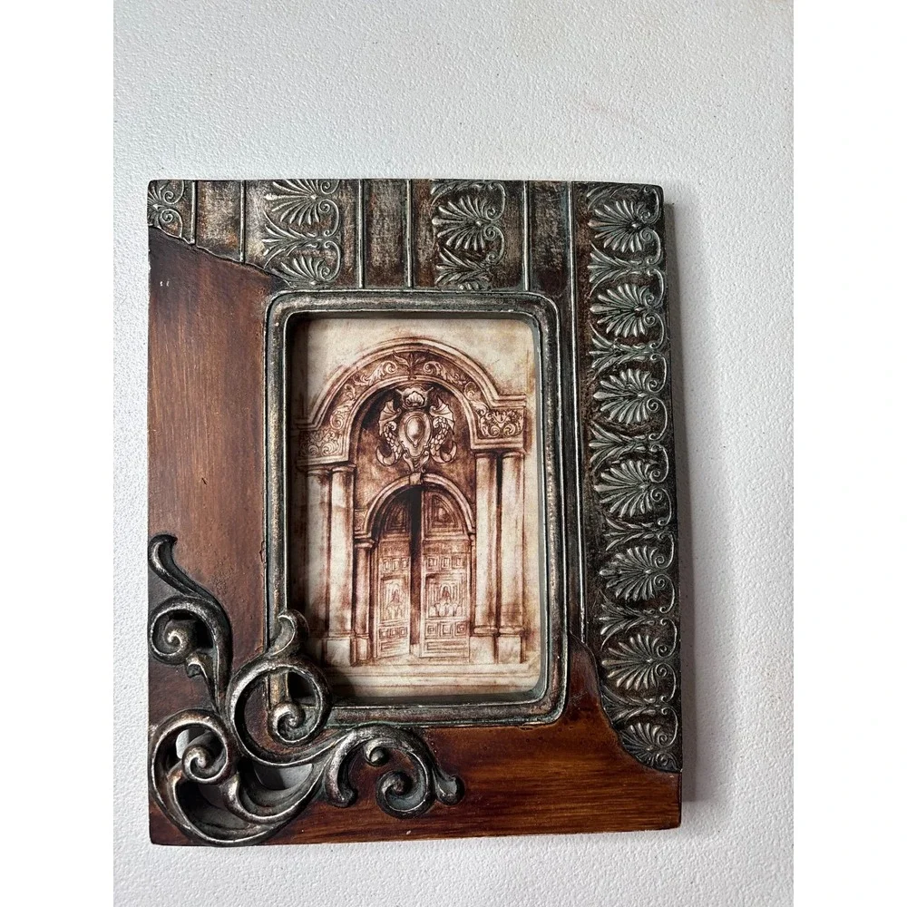 Ornate Heavy Picture Frame 4x6 Brown Silver Baroque Tabletop Scroll